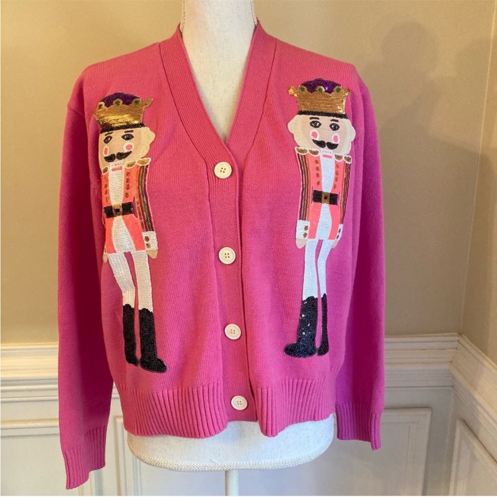 NEW Boutique Pink Sequin Nutcracker Cardigan Sweater NWOT